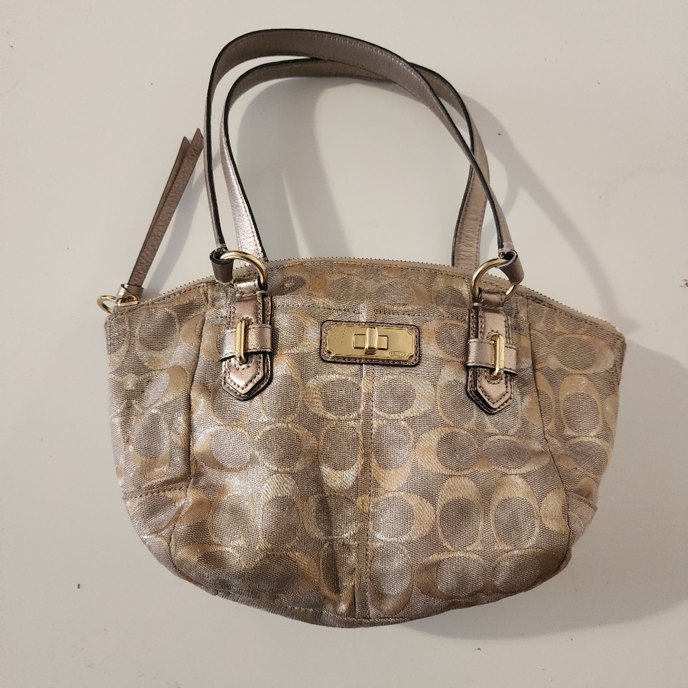 COACH SIGNATURE GOLD AND SILVER METALLIC SATCHEL